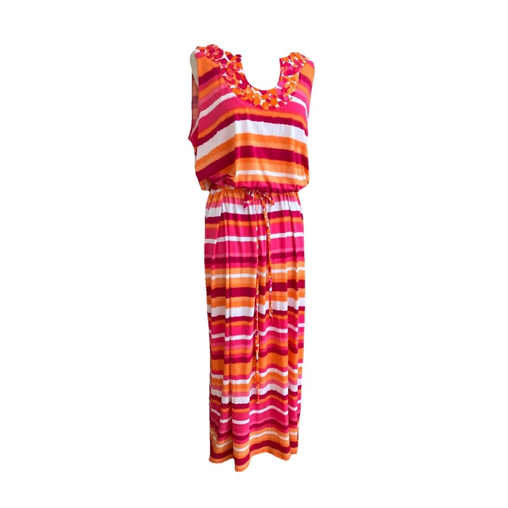 Ruby Rd Maxi Dress Sz L‎ STRIPED PINK ORANGEVSleeveless Stretch Dress